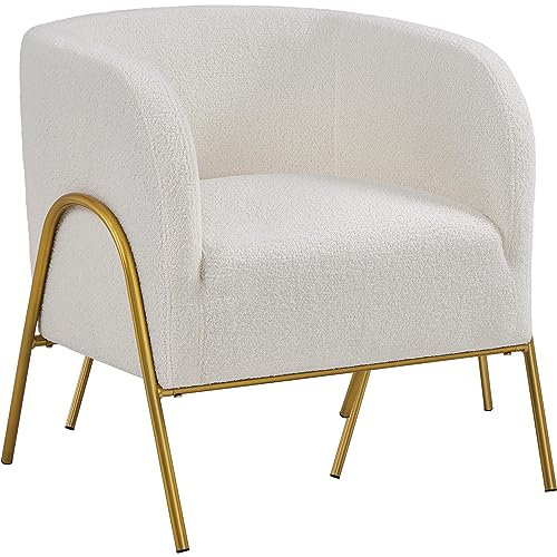 Yaheetech Fauteuil de Salon Scandinave Arrondi, Pieds en Métal Doré, avec Dossier et Accoudoir, Fauteuil d'Appoint pour Chambre à Coucher Chaise de Salle à Manger Ivoire 1