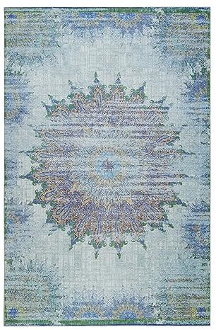 Moderner Kurzflor Teppich im Vintage Look von WECONhome für Wohnzimmer, Schlafzimmer oder Arbeitszimmer – Rooftop (70 x 120 cm, blau)