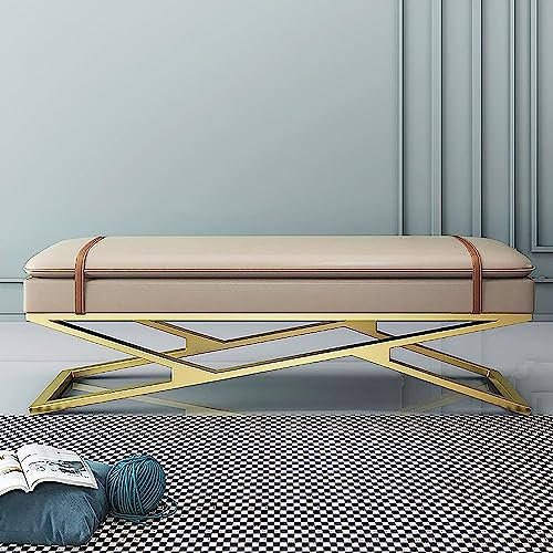 CATANK Zweischichtige Sitzbank mit weichem Kissen,Moderne Schuhbank für den Eingangsbereich mit Goldener Basis,Lederende der Bettbank,Bequeme Multifunktions-Sofabank-Khaki 70x38x45cm(28x1