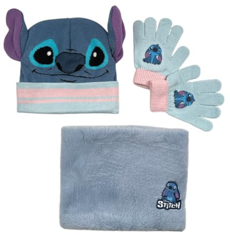 Ensemble Bonnet Gants cache cou Stitch Disney (snood ou tour de cou double a l'interieur) (Set gants bonnet avec tour de cou Stitch - D)