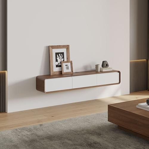 POVISON Moderner TV Schrank 160cm hängend, TV Lowboard weiß minimalistisch Fernsehtisch modernes wandmontiertes TV-Möbel mit 3 Schubladen,Dunkles Holz und Weiß