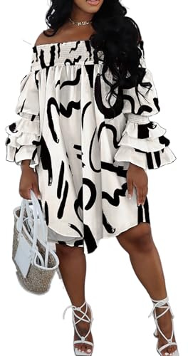 Women's Plus Size Bubble Off Shoulder Dress Long Sleeve Floral African Sexy Dresses Khaki