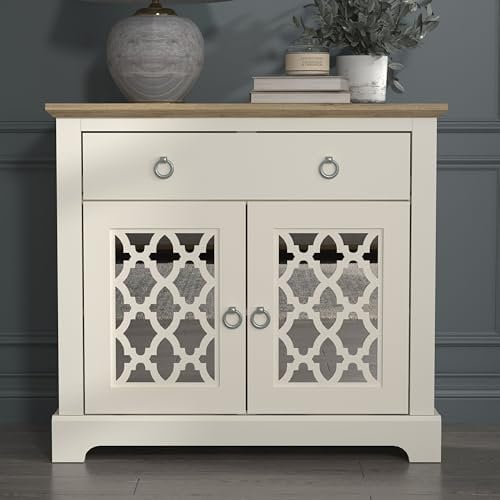 Galano Novara 2 Door 1 Drawer Sideboard – Freestanding Storage Cabinet & Organizer – Display Cupboard Console for Living Room, Entryway, Hallway, Kitchen (Ivory/Oak)