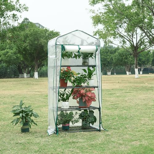 [en.casa] Serre de Jardin à Porte Enroulable Zippée Serre de Balcon avec 4 Étagères pour Plantes Fleurs Légumes Semis Tomates Acier Bâche Polyéthylène 158 x 69 x 49 cm Blanc
