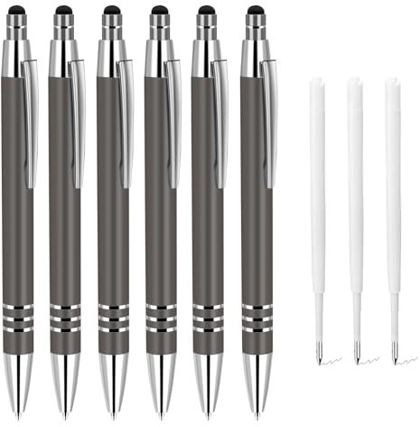 ENLACE Hochwertig Kugelschreiber Set 6 Stück Ergonomischer Kugelschreiber Metall Kulli mit Rutschfeste Griffzone, Druckkugelschreiber mit 10 Stück Kugelschreiberminen für Büro Haushalt, Grau
