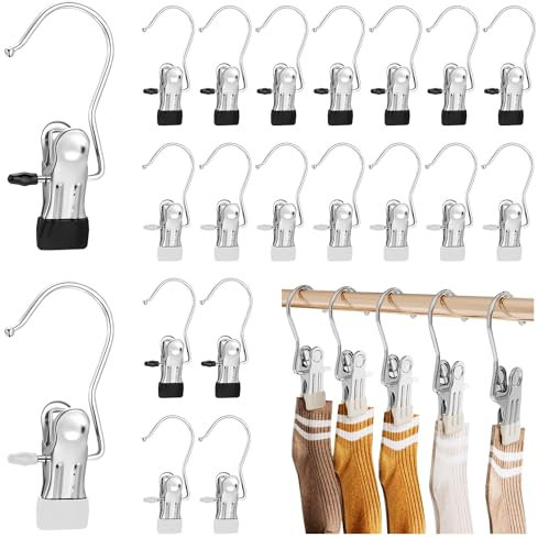 20 Pcs Boot Hanger Clips, FAURAPMNG Laundry Hooks, Heavy Duty Hanging Clips Hook Clothes Pins, Stainless Steel Clip Hangers, Portable Clothes Pins Towel Clips for Closet, Travel, Pants Hats Socks
