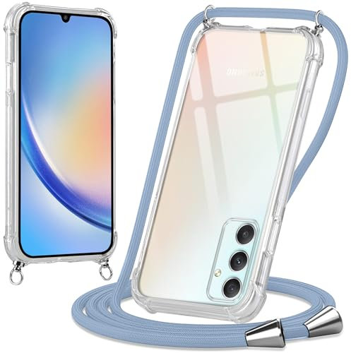 Oelrstfe handyband Hülle mit Band für Samsung Galaxy A34 5G, Handyband zum Umhängen Handy Umhängeband Transparent TPU Stoßfest Silikon Handyhülle mit Kette für Samsung A34 5G, Blau