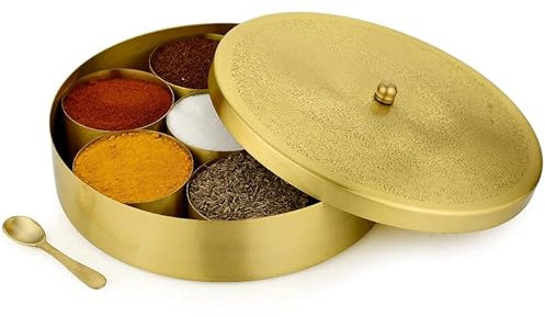 Grainex - Scatola per spezie indiana, in ottone, rotonda, con coperchio in rilievo, 7 contenitori e 1 cucchiaio di design, organizer per spezie