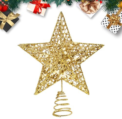 KEYIDO Christmas Tree Topper Christmas Tree Star Topper for Christmas Tree Toppers Xmas Metal Gold Stars for Top of Christmas Tree Decorations Glitter Ornaments Width 15cm/6Inch, High 20cm/8Inch