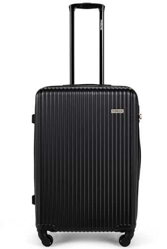 FASSLINE Reisekoffer Mittelgroß 66x46x25 cm 64l, Reisegepäck, Hartschale aus ABS, Vier 360°-Spinner-Rollen, Zahlenschloss, Teleskopgriff, Größe L, Hartschalen-Koffer Trolley Rollkoffer, Schwarz