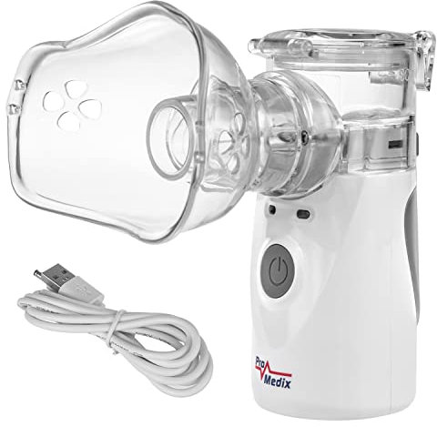ProMedix PR-835 Tragbares Inhalationsgerät für Kinder und Erwachsene Geräuscharmer Inhalator Vernebler Zwei Masken Mundstück Vernebler-Set Stromversorgung über USB oder 2x AA Batterien Kompakt