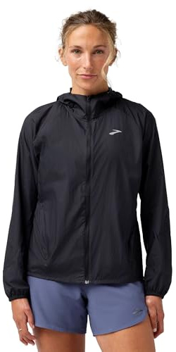 Brooks Women’s Canopy Packable Jacket, Lightweight Wind & Water-Resistant Running Layer with UPF 50+ UVA/UVB Sun Protection, Recycled Fabric & Reflectivity - Black - Medium