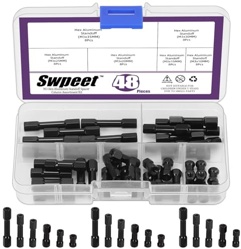 Swpeet 48Pcs 6 Sizes M3 Hex Aluminum Standoff Spacer Column Assortment Kit, M3×10/15/20/25/30/35mm Hexagonal Connecting Column, Hex Standoff Spacer Hexagon Studs for RC Aircraft, Drone, CN, FPV
