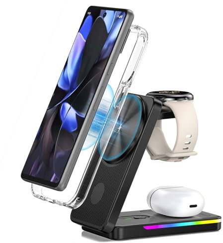Magnetic Wireless Charger for Google Pixel Watch 3/2, Mag-Safe Charger Stand for Pixel 9 Pro/Pro XL/9/8a/8/8 Pro/7, 3 in 1 Foldable Pixel Charging Station for Pixel Buds Pro 2 (Not for Pixel Watch 1)