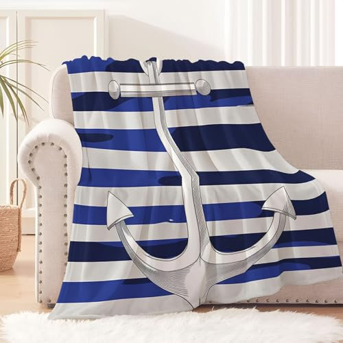 Kuscheldecke Flanell Decke 200x220cm, 3D Vintage Drucken Microfaser Flauschig Weich Warm Plüsch Wohndecke, Streifen Anker Fleece Tagesdecke Decke für Sofa und Bett