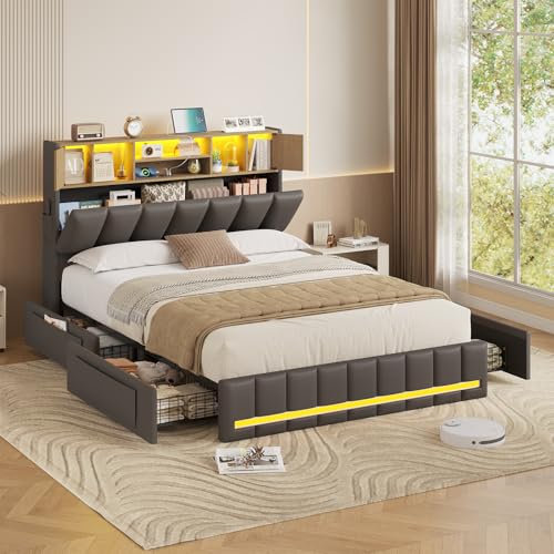 KIMENICH Bett 140x200 cm, Doppelbettgestell, Bett mit LED-Beleuchtung, Polsterbett, 4 Schubladen, Ladestation, Metallrahmen & Holzkopfteil mit Stauraum, für Schlafzimmer, Gästezimmer, Grau