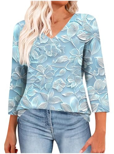 Womens 3/4 Sleeve Tops Ladies Blouses Casual V Neck Tunic Tops Loose T-Shirts Cotton Tees Floral Printed Shirt Longline T Shirt Fashion Clothes Trendy Printed Top Holiday Work Blouses