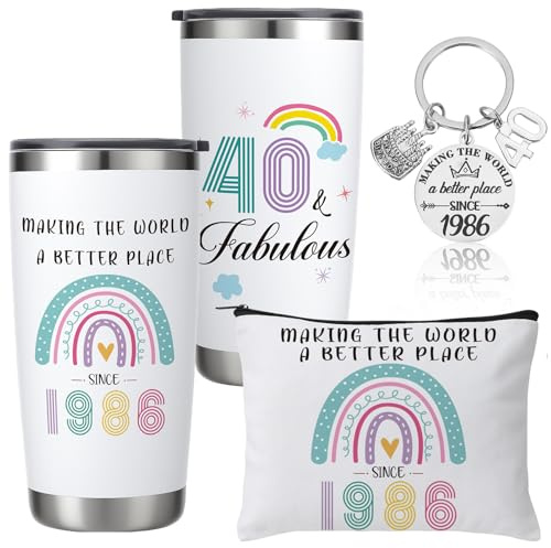 saerryor 40th Birthday Gifts for Women 1986 Mug Makeup Bag Keyring | Insulated Tumbler Birthday Gifts for Wife Auntie Mum Friends Sisters Teachers Colleagues