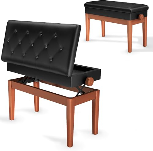 Clevich Klavierhocker Höhenverstellbar 48-58CM, Pianobank mit Stauraum, 73x35x48-58CM,Klavierbank mit PU Lederkissen, Klavierstuhl Heavy Duty, Tastatur Piano Bench bis 200KG Belastbar, Holzfarbe