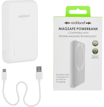 Rockland MagSafe 5000mAh Wireless Power Bank, Magnetic Portable Charger for iPhone, Fast Charging Battery Pack with USB C Cable, Compact Mobile Charger