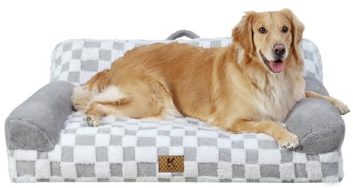 KSIIA Orthopädisches Katzenbett Flauschig 104x69cm, Abnehmbar Katzensofa Hundebett Waschbar, Hundesofa für Groß Hunde mit Rutschfester Unterseite, Hundecouch mit Rückenlehne und Armlehnen, Grau
