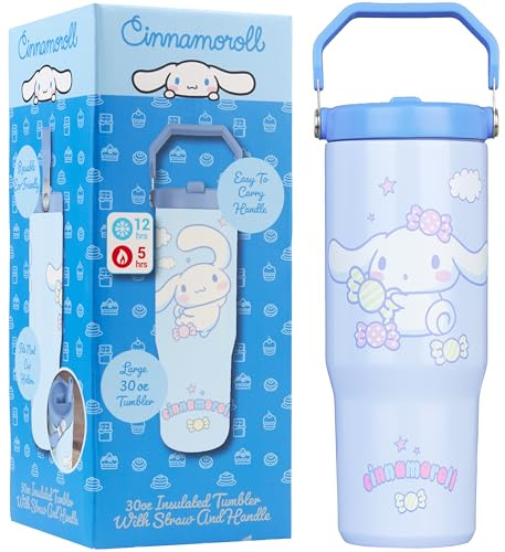 Get Trend Hello Kitty Cinnamoroll Vaso Termico con Asa y Pajita 850 ml, Termo Cafe Doble Pared, Acero Inoxidable Sin BPA para Llevar, Botella Agua Mantiene Frio 12h y Calor 5h (Azul Cinnamoroll)
