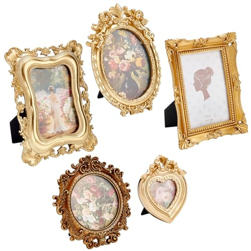 INTERWARM 5 Stück Goldenes Vintage Bild Antikes Harz Fotorahmen Set | 10.2x15.3/12.7x17.8 antikgoldenen Galerie Wandrahmen Kleiner Luxuriöser Wandbehang Dekoration Für Galeriewand Fotoausstellung
