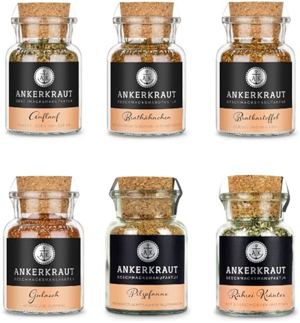 Ankerkraut - Die Herzhaften 6 Gewürz-Set mit 6 Gewürzen - Bratkartoffel, Brathähnchen, Gulasch, Pilzpfanne, Auflauf & Rührei - 455 g Vorteilsset im Korkenglas