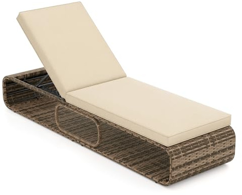 COSTWAY Chaise Longue Jardin Exterieur en Rotin PE avec Coussin, Bain de Soleil Inclinable à 7 Positions, Charge 180kg, Rangement Inférieur, Transat pour Jardin Piscine Terrasse, 185×65×86cm, Brun