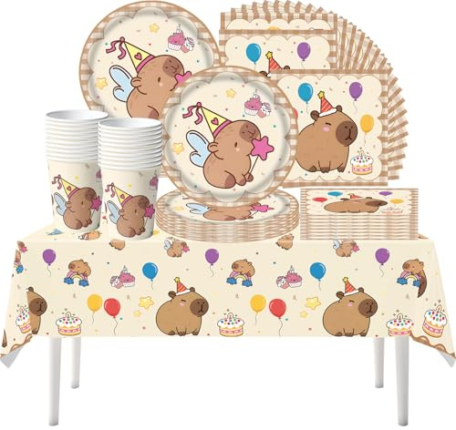 Juego de 61 piezas de vajilla para fiestas con motivos de capibara, vajilla para fiestas de cumpleaños infantiles, adornos con motivos de capibara y artículos para fiestas
