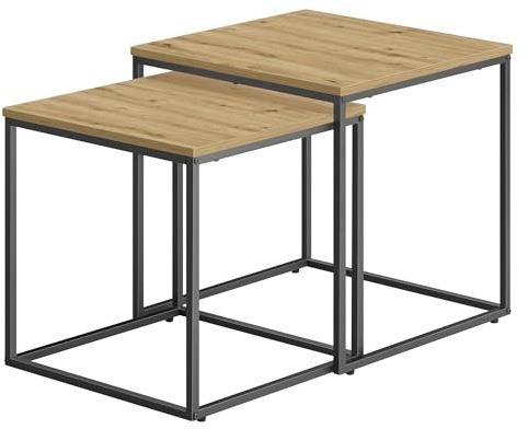 Couchtisch quadratisch 2er Set für Wohnzimmer – Beistelltische im Loft-Design, ineinander schiebbar, Sofatische aus Holzwerkstoff und Stahl, modern, platzsparend (Artisan Eiche)