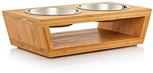 Migosset Gamelle Double Chien Chat - Porte-Bol en Bois de Bambou en Hauteur pour Chats et Petit Chiens - Eau et Aliment - 4 Bols en Acier INOX: 2 x 350, 2 x 600 ML - 10 x 35.5 x 18 cm - Petit