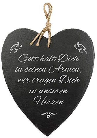 Casa Vivente Schieferherz mit Gravur Gott hält dich in seinen Armen, wir tragen dich in unseren Herzen, Trauerherz, Grabschmuck mit Jute-Band zum Aufhängen. Grab-Dekoration mit Inschrift