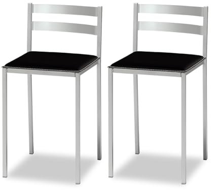 ASTIMESA 2 Taburetes de Cocina con Respaldo bajo, Franjas horizontales y Asiento tapizado - Estructura Color Aluminio - Asiento en Polipiel Negro