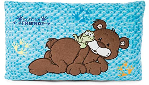 NICI Kuschelkissen Bär und Frosch – Nachhaltiges Kuscheltierkissen für Mädchen, Jungen & Babys – Flauschiges, rechteckiges Stofftierkissen, 43 x 25cm, Blau