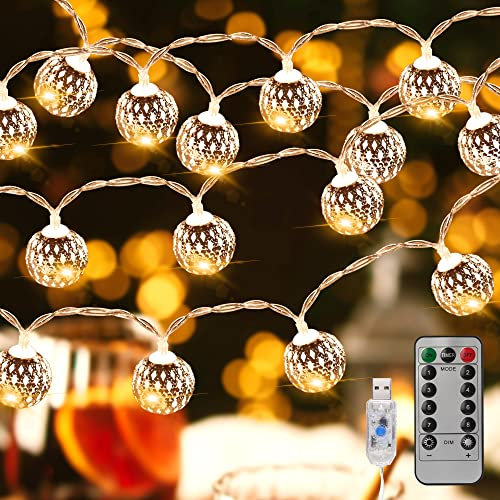 Catena luminosa a LED per interni – Catena di luci USB per esterni, 40 sfere in argento marocchino con telecomando per stanza, balcone, festa di matrimonio, compleanno, Natale, 6 metri, bianco caldo