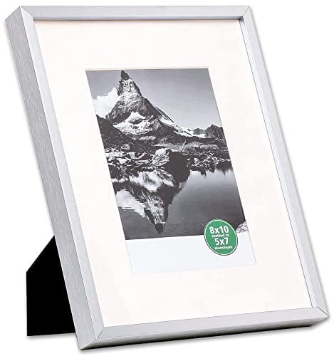 TheDisplayGuys – Moderner Aluminium-Bilderrahmen – gehärtetes Glas – 20,3 x 25,4 cm mattiert bis 12,7 x 17,8 cm, silberfarben – Wand & Tischplatte