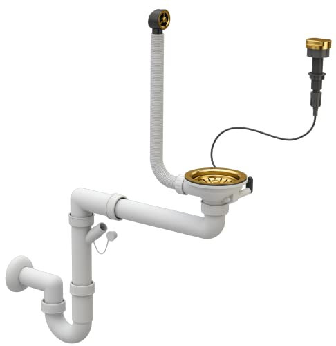 Platzsparendes Küchenspülen Siphon - Küchenspülenablauf - Set mit Anschluss Geschirrspülmaschine - ø 115 mm/3,5 Zoll - Ablaufgarnitur für 1 Becken mit automatischen Stopfen - Gold - Granitan