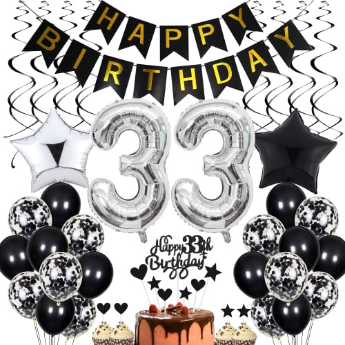 33. Geburtstag Dekoration,Schwarz Tortendeko Geburtstag 33 Jahre Männer,Black and White Party Deko,33 Geburtstag Frauen Männer,Tortendeko 33. Geburtstag Männer Frauen,Geburtstagsdeko 33 Jahre Frauen