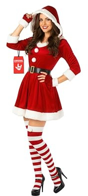 Morph Costume Babbo Natale Donna, Costume Halloween Donna | Miniabito Rosso, Cintura, Guanti & Calzettoni, Bordure in Pelliccia, Perfetto per Halloween, Ideale per Travestirsi