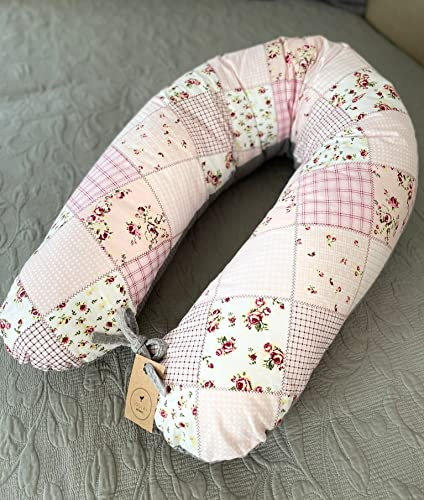 LOOLAY Schwangerschaftskissen - Stillkissen 170 cm - Seitenschläferkissen 100% Baumwolle - mit Abnehmbarem Bezug - Ergonomisches Schwanger Kissen für Schlafen (Waffel Grau/Patchwork Rosa)