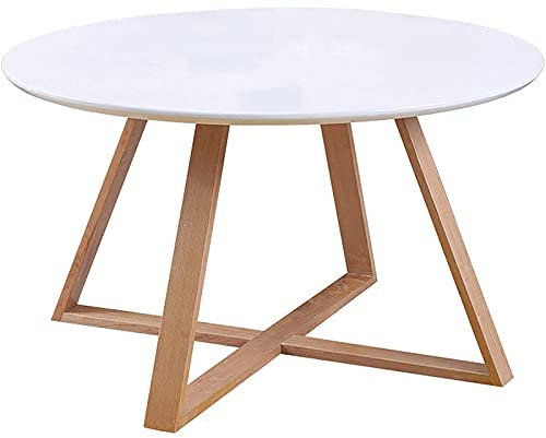 Weißer runder Tisch aus Holz, Wohnzimmer-Akzent-Sofa-Beistelltisch, stabiler niedriger Couchtisch mit Kreuz-Eichen-Klammer-Stil, Mitteltisch für Wohnzimmer, Studio, weiß, 80 x 80 x 40 cm Feito na