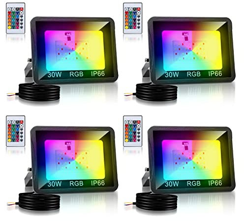 Cecaylie 4er 30w RGB LED Strahler mit Fernbedienung für Terrassen- & Verandabeleuchtung - 16 Farben, 4 Modi, IP66 Wasserdicht, Dimmbar, Memoryfunktion