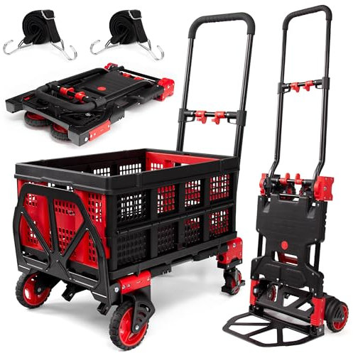 2-in-1 Faltbarer Sackkarre mit Korb, 150 kg Kapazität, Handwagen, faltbar, Handkarre mit einziehbarem Griff, zusammenklappbarer Dolly mit Rädern, zusammenklappbarer Dolly zum Umzug