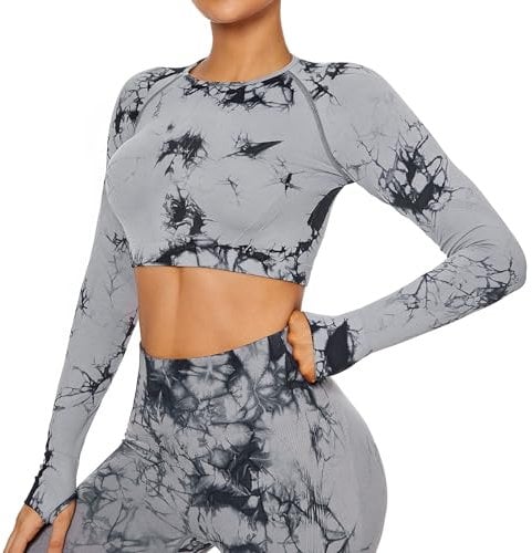 Yaavii Seamless Long Sleeve Gym Top for Women Workout Round Neck Crop Top Fitness Sports T Shirts with Thumb Hole