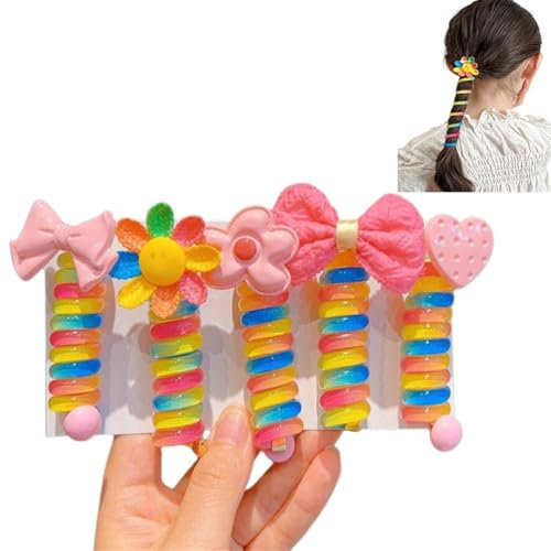 5 Stück Bunte Telefonkabel-Haarbänder, Colorful Telephone Wire Hair Bands for Kids, Telefonkabel Haargummi Elastisch Haarband, Spiral-Haargummis, Haarschmuck Damen (A)