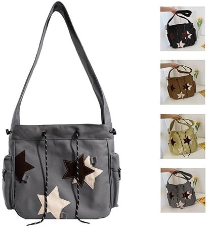 Y2K Star Canvas Messenger Bag, niedliche Tragetasche, ästhetisch, kleine Schultertasche, Reise-Crossbody-Tasche für Damen, GRAU