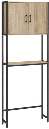 kleankin Étagère de Toilettes Meuble de Salle de Bain Dessus Toilette WC avec Placard 2 Portes et étagère Ouverte dim. 64L x 19l x 178H cm chêne et Noir