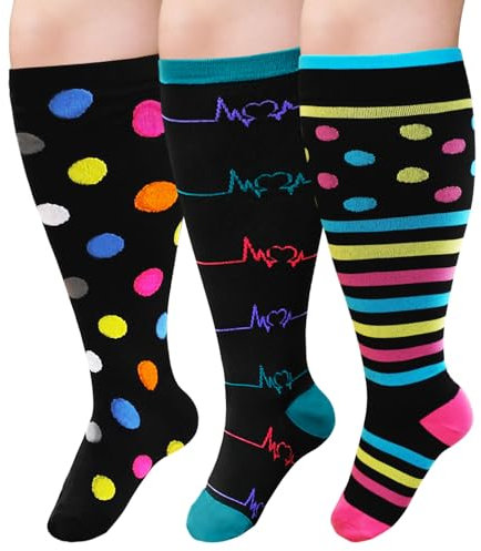 ZFSOCK Kompressionsstrümpfe Dicke Waden Herren: Stützstrümpfe Damen Medizinisch Kompressionssocken 20-30mmhg Übergröße Männer Frauen Reisestrümpfe 3XL Bunt 3 Paare