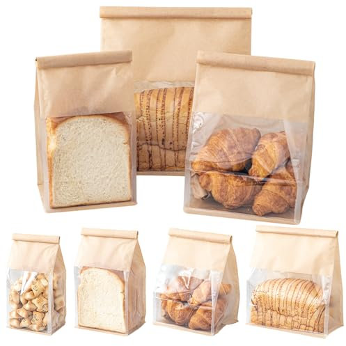 Roppolo 50 Pcs 8.6 Inch Bread Bags with Tin Tie, Large Loaf Bags Made Of Brown Cotton Paper, Storage Packing Bag with Clear Window for Bakery, Cafe, Homemade Bread